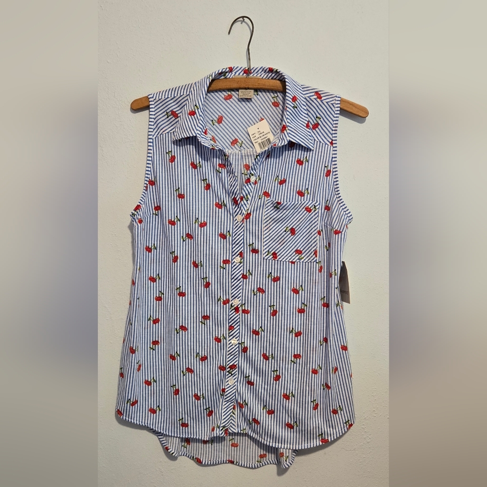 Blue and White Striped Sleeveless Top with Red Cherries